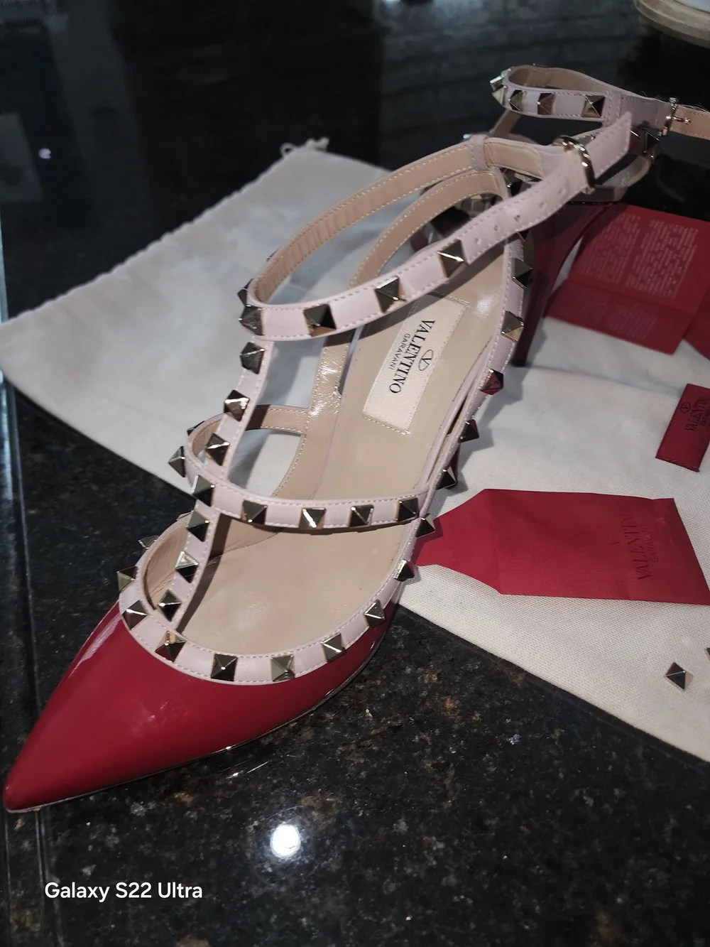 Valentino Garavani Red Patent Leather Rockstud T-Strap Pumps with Nude Straps